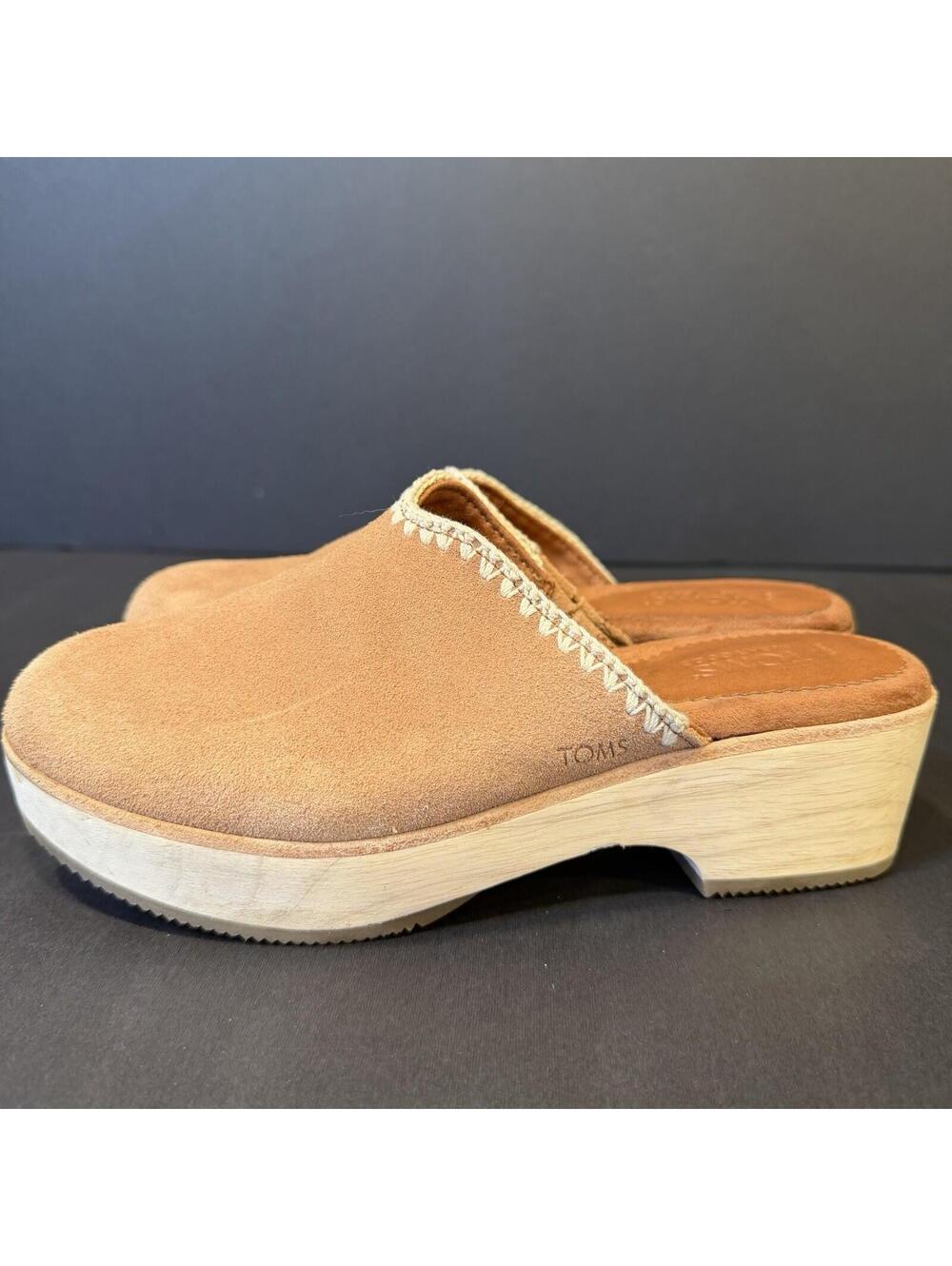 TOMS Addison Suede Wood Clog Mule Whipstitch Size 6 Tan Cottagecore